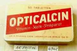 Blechdose für "50 TABLETTEN OPTICALCIN Vitamin-Kalk-Präparat"