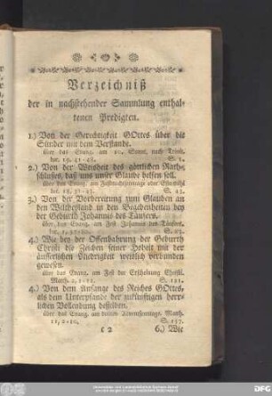 Verzeichniß der in nachstehender Sammlung enthaltenen Predigten.