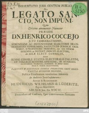 Dissertatio Iuris Gentium Publici, De Legato Sancto, Non Impuni