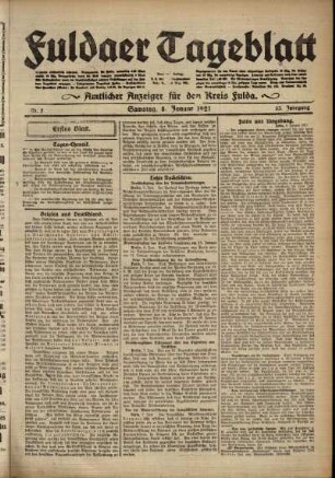 Erste Ausgabe vom Samstag, den 08. Januar 1921.