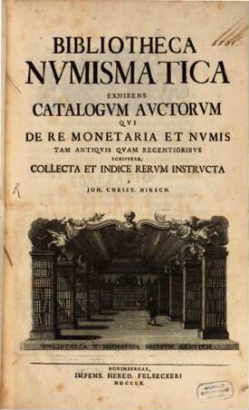 Bibliotheca Nvmismatica : Exhibens Catalogvm Avctorum Qvi De Re Monetaria Et Nvmis Tam Antiqvis Qvam Recentioribvs Scripsere