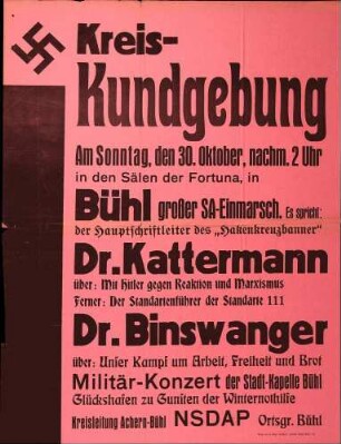 Versammlung der NSDAP-Ortsgruppe Bühl: Mit Hitler gegen Reaktion und Marxismus