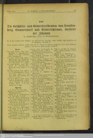 XIV. Berufsklassen und Gewerbebetriebe : XIV. Die Geschäfts-und Gewerbetreibenden von Frankenberg, Gunnersdorf und Niederlichtenau, diesseits der Zschopau
