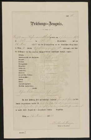 Material zu Hugo August Peter von Hofmannsthal sen.: Todesanzeige; Material zu Hugo von Hofmannsthal: Prüfungszeugnis