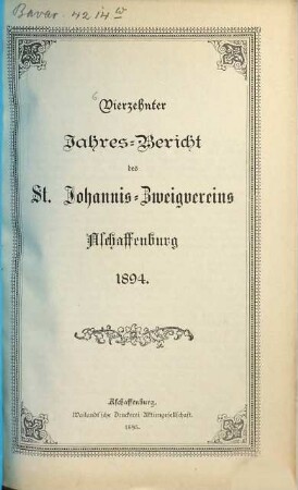 Jahresbericht des St. Johannis-Zweigvereins Aschaffenburg e.V. 14. 1894 (1895)