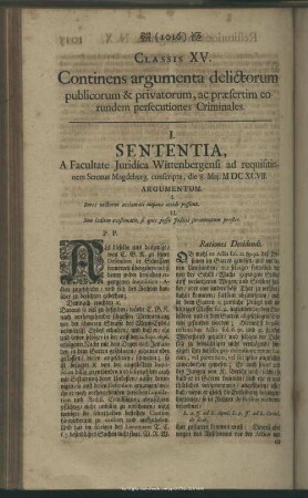 Classis XV. Continens argumenta delictorum publicorum & privatorum, ac praesertim eorundem persecutiones Criminales