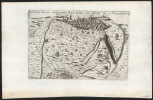 Vogelschaubild von Gotha, Kupferstich, um 1567 : Disegno della Fortezza et Citta di Gotta in Sassonia. - Nicht maßstäbig. - [Venetia : P. Bertelli, um 1567]. - 1 Vogelschaubild : Kupferstich ; 19 x 28 cm // Gesamtansicht aus der halben Vogelschau mit eingezeichneten Belagerungstruppen und -lagern im Vordergrund