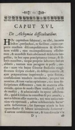 Caput XVI. De Alchymiae difficultatibus