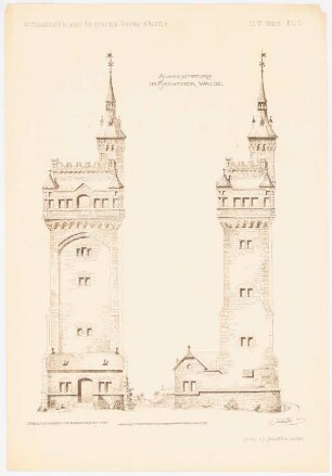 Aussichtsturm (»Pelzerturm«) im Aachener Wald: Aufriss Vorderansicht, Seitenansicht, Maßstabsleiste