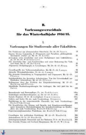 B. Vorlesungsverzeichnis für das Winterhalbjahr 1934/35.