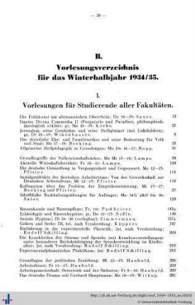 B. Vorlesungsverzeichnis für das Winterhalbjahr 1934/35.