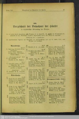 III. Häuserbuch : III. Verzeichnis der Bewohner der Häuser in alphabetischer Reihenfolge der Straßen