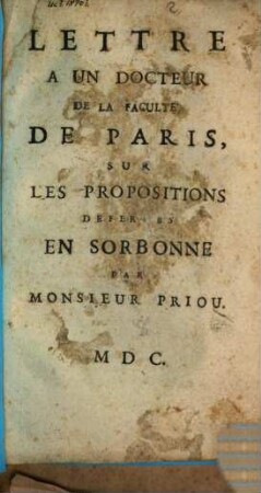 Lettre à un Docteur de Paris, déféré en Sorbonne par Priou