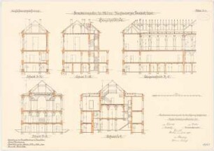 Kaserne, Landeck Erweiterung: Hauptgebäude: Längsschnitt, Querschnitte 1:100