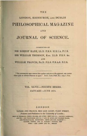 The London, Edinburgh, and Dublin philosophical magazine and journal of science. 47. 1874