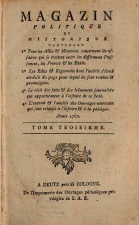 Magazin politique et historique, 3. 1780