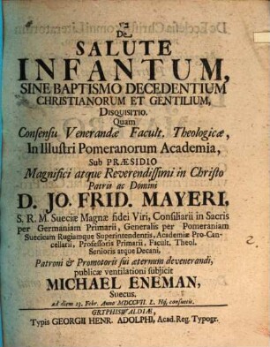 De salute infantum sine baptismo decedentium christianorum et gentilium disquisitio