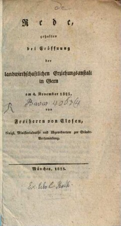 Rede gehalten bei Eröffnung der landwirthschaftlichen Erziehungs-Anstalt in Gern am 4. November 1825