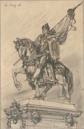 Pfann, Paul; Perspektivische Zeichnungen - Reiterstatue mit Sockel (Perspektive)