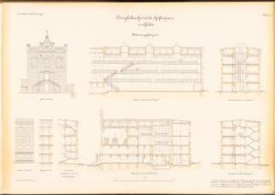 Gericht und Gefängnis, Glatz: Männergefängnis: Giebelansicht, Seitenansicht, Längsschnitte und Querschnitte der Flügel A und C 1:100