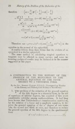 A contribution to the history of the problem of the reduction of the general of the reduction of the general equation of the fifth degree to a trinomial form.