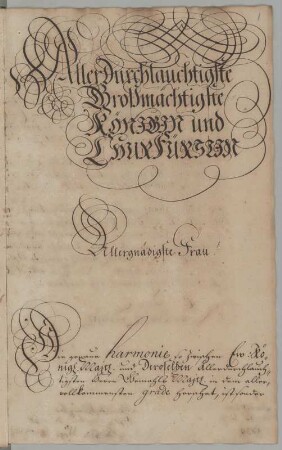 Widmung : Widmung an die sächsische Kurfürstin und polnische Königin Maria Josepha, Abraham Wege, 1739. Tinte/Papier. 32 x 19,8 cm. Bez.: "Aller Durchlauchtigste Großmächtigste KÖNIGIN und CHURFÜRSTIN ... Amt Gehren den 12. July 1739. aller unterthänigster gehorsamster Knecht Abraham Wege WildMstr".