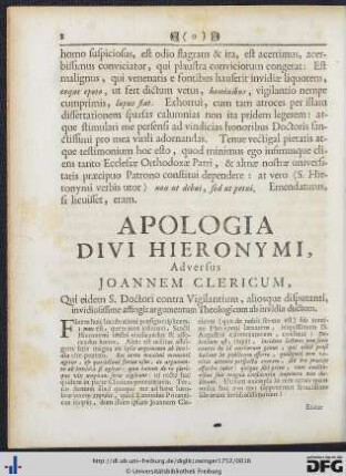 Apologia Divi Hieronymi, Adversus Joannem Clericum. Pars I. Apologia Generalis.