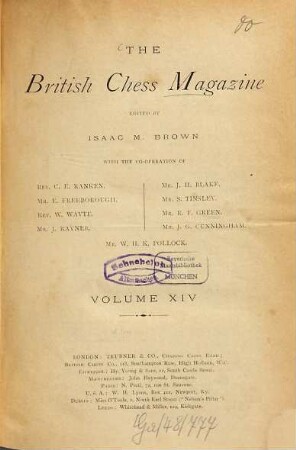 The British chess magazine. 14. 1894, Jan. - Dez.