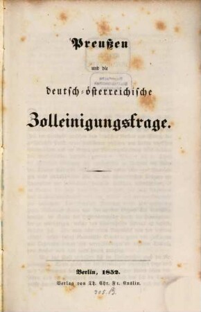 Preußen und die deutsch-österreichische Zolleinigungsfrage