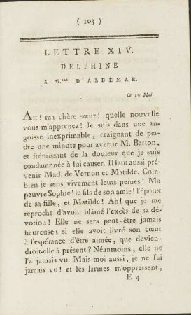 Lettre XIV. Delphine A M.lle D'Albémar. Ce 19 Mai