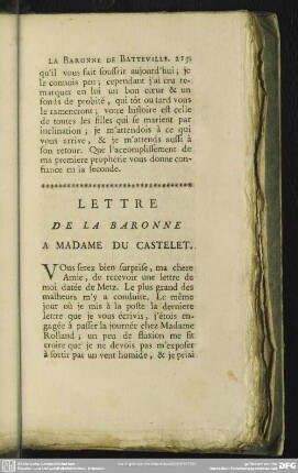 Lettre De La Baronne A Madame Du Castelet