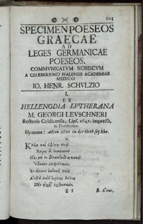 Specimenpoeseos Graecae ad leges Germanicae Poeseos
