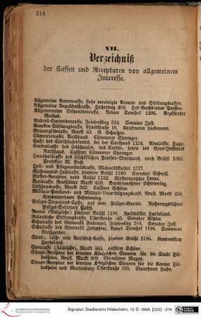 VII. Verzeichniß der Cassen und Recepturen von allgemeinem Interesse.