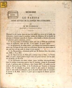 Mémoire sur le Fatioa genre nouveau de la famille des Lythraires