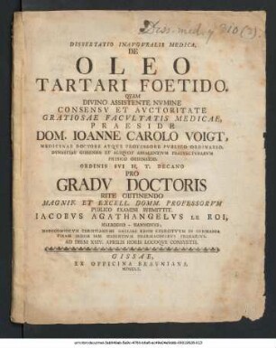 Dissertatio Inavgvralis Medica De Oleo Tartari Foetido