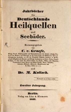 Jahrbücher für Deutschlands Heilquellen und Seebäder. 2, 2. 1837