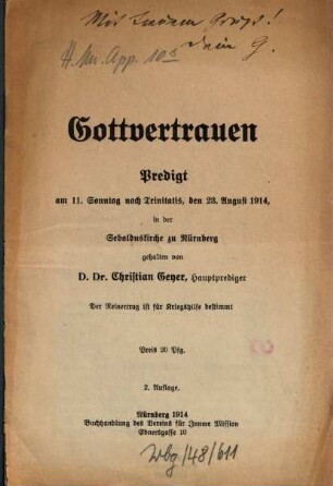 Gottvertrauen : Predigt am 11. Sonntag, nach Trinitatis, den 23. August 1914, in der Sebalduskirche zu Nürnberg