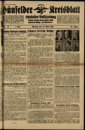 Erste Ausgabe vom Montag, den 15. April 1940.