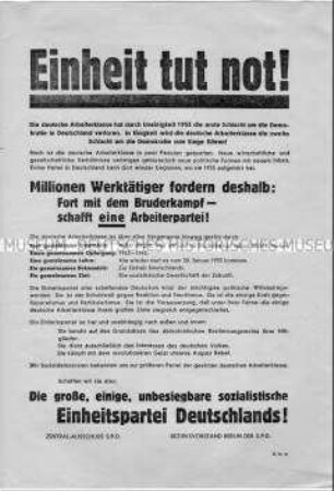 Aufruf des Zentralausschusses und des Bezirksvorstandes Berlin der SPD zur Schaffung einer sozialistischen Einheitspartei Deutschlands