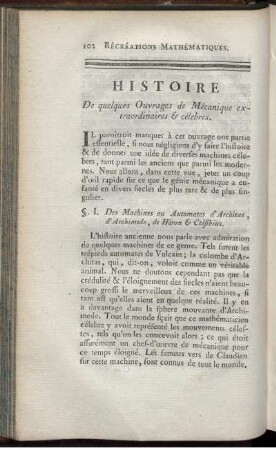 Historie. De Quelques Ouvarges de Méchanique extraordinaires & Célebres.