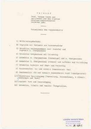 Stadion Oberwiesenfeld, München: Mappe »Wettbewerb Stadion München, Entwurf Professor Werner March«. Inhaltsverzeichnis, 1 Blatt