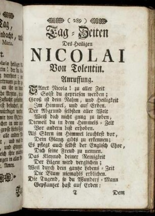 Tag-Zeiten Des heiligen Nicolai Von Tolentin.