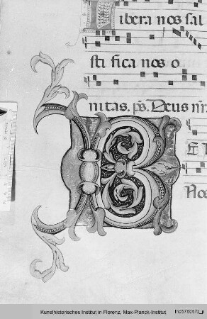 Buchseite mit Text, Neumen, Fleuronné-Initiale L(ibera) sowie Rankeninitiale B - Corale