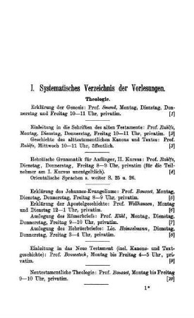 I. Systematisches Verzeichnis der Vorlesungen