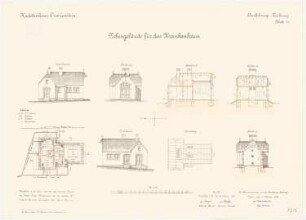 Kadettenhaus, Oranienstein: Nebengebäude für das Lazarett: Grundriss Erdgeschoss, Sparrenlage, Aufriss Nordansicht, Ostansicht, Südansicht, Längsschnitt, Querschnitt 1:100