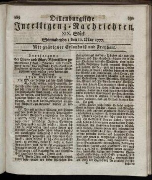 XIX. Stück. Sonnabends: den 10. May 1777.