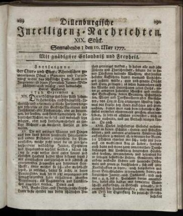 XIX. Stück. Sonnabends: den 10. May 1777.