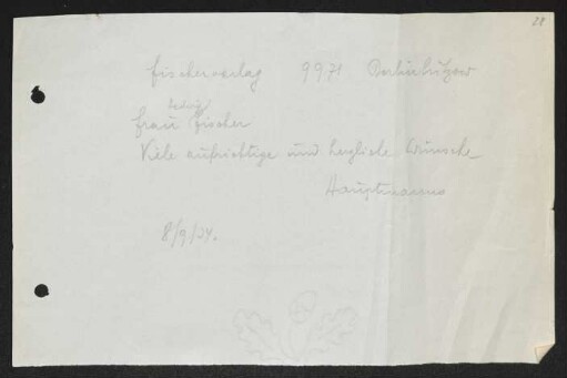 Brief von Gerhart Hauptmann an Hedwig Fischer an S.-Fischer-Verlag <Berlin>, geschrieben von Ludwig Jauner