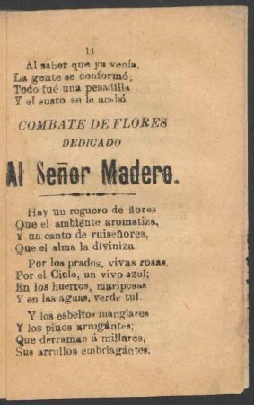 Combate de flores dedicado al Señor Madero.
