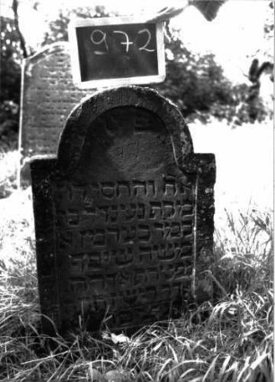 Grabstein 972 (Index: 100103901) Material: Sandstein Zustand: gut erhalten Maße HxBxT: 83x52x8 cm Beschreibung: Stele, eingezogener Rundbogenabschluss, Schriftfeld eingetieft mit Konvexbogenabschluss: Grabstein 972